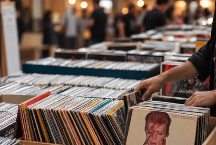 Mesa com discos de vinil expostos e pessoas escolhendo álbuns em feira de música.