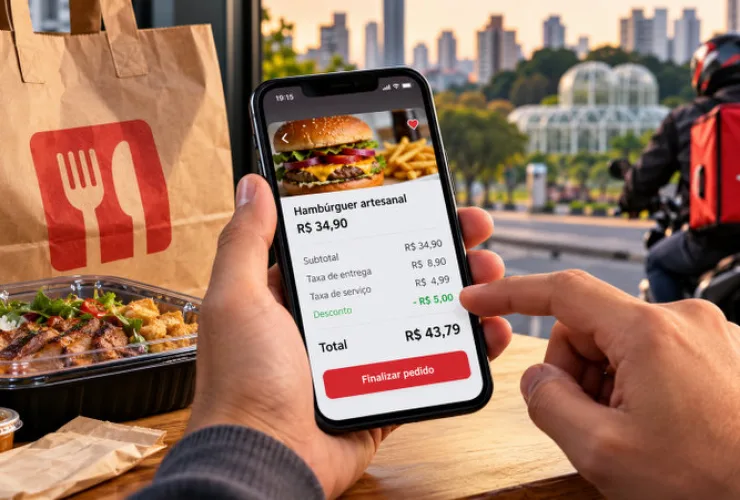 Consumidor consulta no celular o preço de um pedido de comida por delivery, com embalagem de refeição e entregador ao fundo, representando a discussão sobre taxas e custos dos aplicativos.