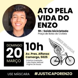 Neste domingo (20) tem ato de protesto por justiça pela morte de Enzo e mais segurança para ciclistas