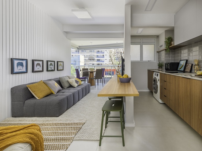 Com apenas 46m², apartamento esbanja personalidade e projeto bem explorado com a integração dos ambientes