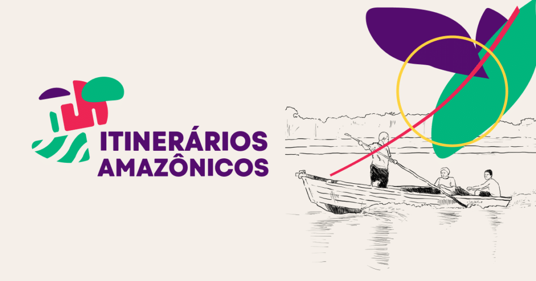 Cartaz do Programa Itinerários Amazônicos no qual aparece um pescador navegando em pé em um barco